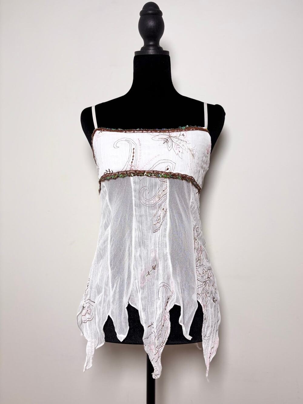 Vtg Y2K Lovie Paris White Beaaded Fairycore Handkerchief Hem Tank Top Size S